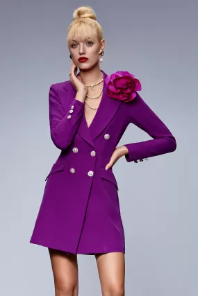 Abito corto blazer viola doppiopetto Bby accessoriato con spilla fiore