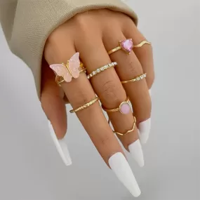 Boho Sensation Rosa Schmetterlings-Herz-Wellen-Ring-Set