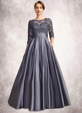 Charlie A-line Scoop Illusion Floor-Length Lace Satin Mother of the Bride Dress With Bow Sequins STKP0021633