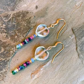 Clear Quartz hearts with precious stones Emeralds, Rubies, Sapphires drop earrings