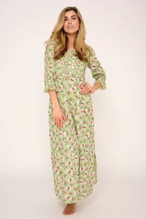 Cotton Annabel Maxi Dress in Pistachio with Pink Busy Bees