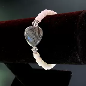 Frosted White Agate Gemstones, Chinese Crazy Lace Agate Heart, and Clear Quartz bracelet