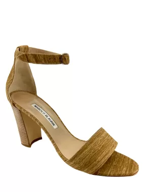 Manolo Blahnik Natural Raw Silk Ankle Strap Block Heel Sandal Size 9