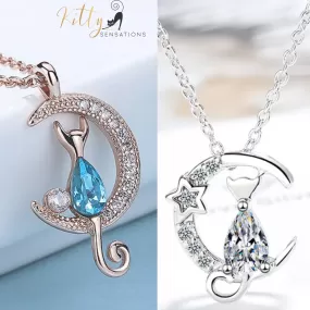 Moon Kitty Necklace in Cubic Zirconia and Solid 925 Sterling Silver (Clear or Blue)