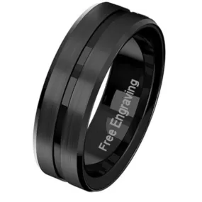 Personalized Men's Matte Black Grooved Tungsten Wedding Ring - Handwriting Ring