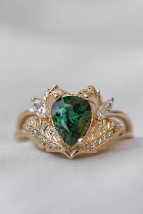 RESERVED: Natural sapphire gold leaf engagement ring, pear green gemstone ring with diamonds / Adonis