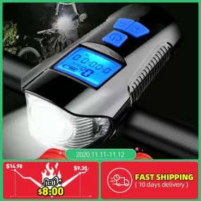 Waterproof Bicycle Light USB Charging Bike Front Light Flashlight Handlebar Cycling Head Light w/ Horn Speed Meter LCD